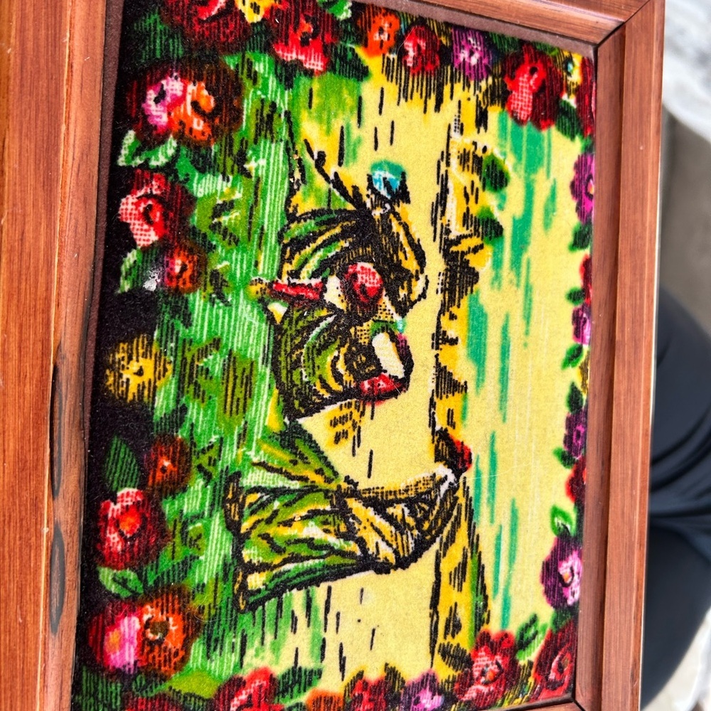 Vintage 1970 Vibrant Floral Art with Wooden Frame jewelry box
